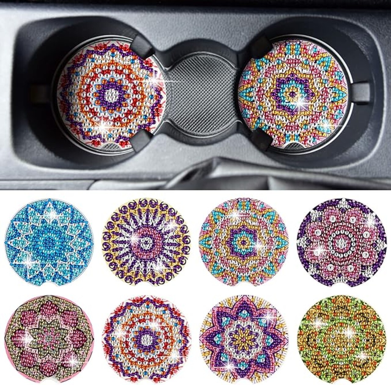 8 Pcs Diamond Painting Car Coasters with Cork Base – DIY Mandala Art Kits for Adults – Universal Automotive Cup Holder Inserts – Absorbent Rhinestone Coaster Set for Home Table & Vehicle Interior – 250th Anniversary Commemorative Gift Activity